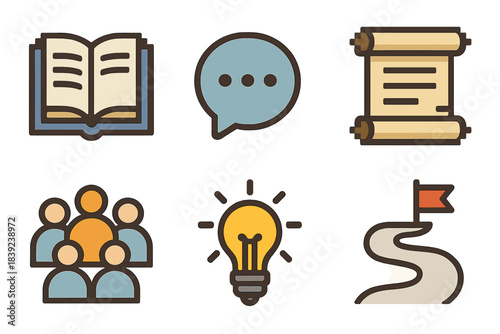 Storytelling Icon Set. Shared Knowledge & Storytelling set of icons in flat pixel vector style: open book, speech circle, lore scroll, gathered group, idea spark, tale path icon.