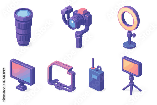 3D Photography Equipment Set. Imaging Equipment Set flat isometric set: zoom lens, prime lens, gimbal stabilizer, ring light, field monitor, camera cage, wireless mic pack, light