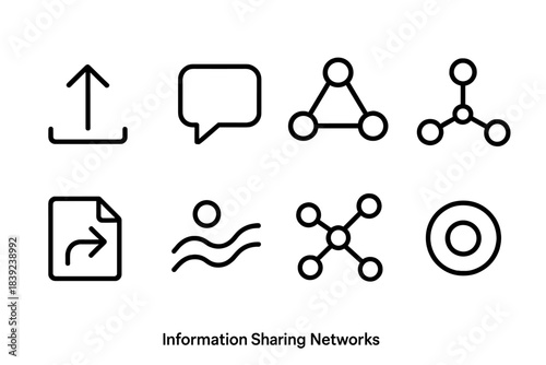 Communication Icons Network. Information Sharing Networks linear set: upload arrow, message bubble, connected circles, distribution path, shared file icon, info wave, multi-node