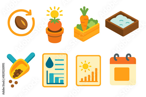 Garden Tools Icons. Garden Planting Cycle Tools isometric flat set: seed timeline, heat-season plant, cool-season harvest, cold rest plot, soil amendment scoop, water chart,