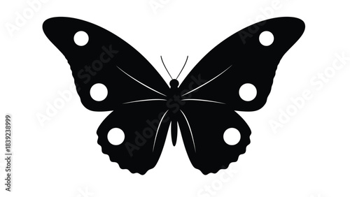 A simple black and white silhouette of a butterfly with circular markings