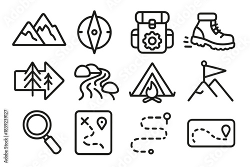 Adventure Icon Set. Wilderness Adventure Set linear set: ridge line icon, compass pointer, gear-packed backpack, hiking boot step, deep-forest arrow, river trail stone, campsite