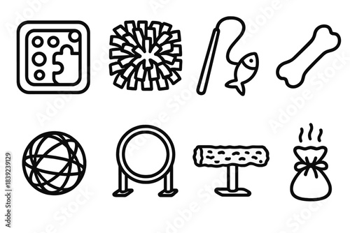 Pet Accessories Outline. Engaging Pet Objects linear set: treat puzzle, forage mat, teaser wand, soft chew, rattle ball, agility hoop, textured perch, scent toy.