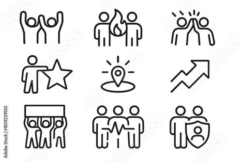 Teamwork Icon Set. Collective Motivation Set linear set: cheer wave symbol, teamwork flame, high-five moment, shared vision star, inspiration burst, goal marker, momentum arrow,