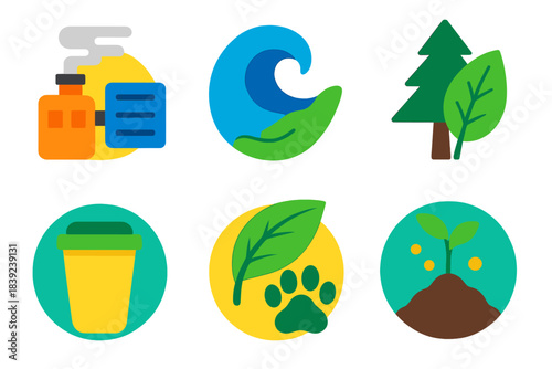 Eco-Friendly Icon Set. Environmental Protection Practices flat set: pollution filter, ocean wave care, forest guardian leaf, sustainable container, wildlife track, soil enrichment