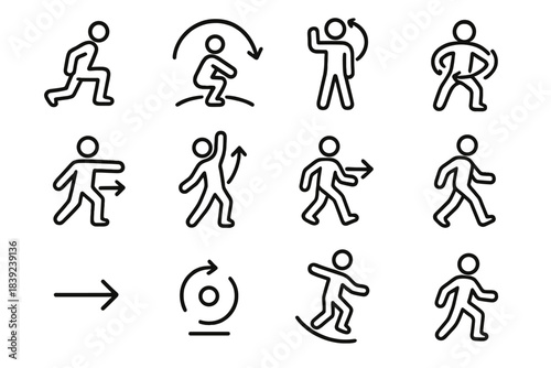 Dynamic Movement Patterns. Dynamic Movement Patterns linear set: lunge step icon, flowing squat arc, arm circle rotation, torso rotation path, lateral shift arrow, active reach