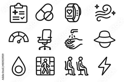 Health Essentials Icons. Preventive Health Essentials linear set: routine checkup form, vitamin capsule, fitness tracker band, clean air swirl, stress meter, ergonomic chair,