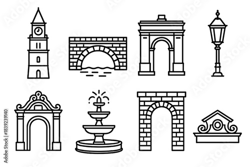 Urban Heritage Icons. Urban Heritage Landmarks linear set: old clock tower, stone bridge arch, historic plaza gate, vintage streetlamp, carved façade, heritage fountain, brick