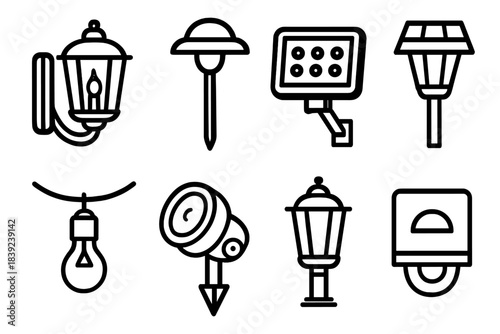 Outdoor Lighting Icons. Outdoor lighting fixtures linear set: wall lantern, pathway light stake, floodlight panel, solar lamp, string light bulb, ground spotlight, post lantern,