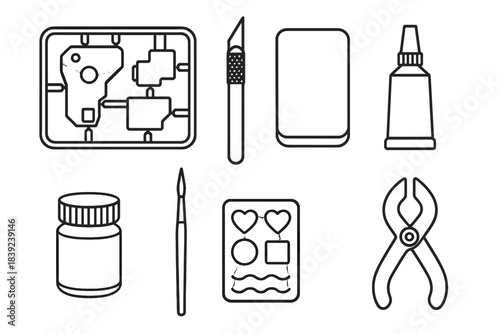 Model Kit Essentials. Creative Model Kit Set linear set: mixed-material components, craft knife, smoothing pad, adhesive tube, pigment pot, miniature brush, sticker sheet, assembly