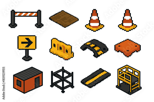 Operational Site Icons. Operational Site Layout Gear set of icons in flat pixel vector style: boundary tape, ground mat, marker cones, leveling pads, route indicator sign, buffer