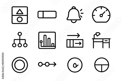 Modern Work Icons. Modern Work Balance linear set: task–life boundary tile, focus interval bar, break reminder dot, energy-level gauge, priority alignment node, workload