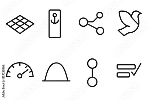 Abstract Icon Grid. Interpretation–reality mismatch linear set: perspective tile, fact anchor bar, bias node, clarity stripe, distortion gauge, insight arc, comparison bead,