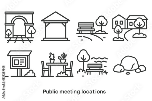 Community Space Icons. Public Meeting Locations linear set: plaza arch, pavilion roof, trailside bench, open courtyard, info kiosk, community garden table, riverside spot,