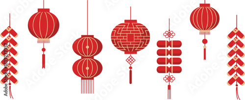 Red Chinese lanterns and decorative firecrackers, festive Lunar New Year illustration featuring traditional Asian celebration elements in elegant vector design