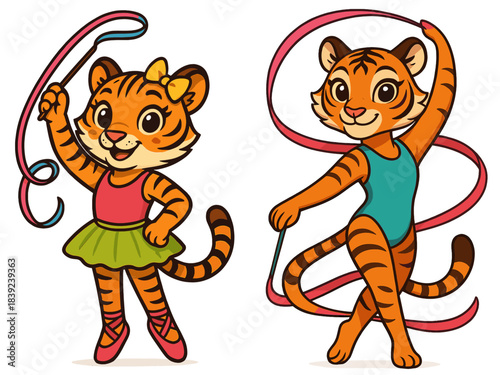 Two cheerful tiger characters performing rhythmic gymnastics with colorful ribbons in a playful setting