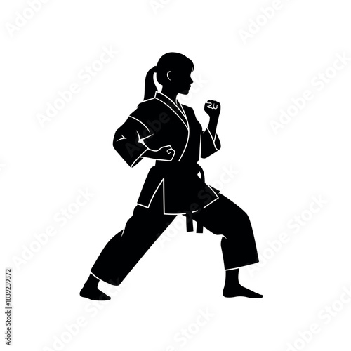 Silhouette of a woman practicing karate.
