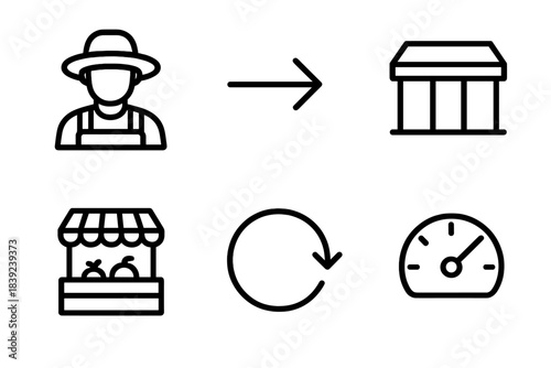 Short-Chain Food Icons. Short-Chain Food Systems linear set: farmer icon, delivery path arrow, storage unit tile, local market node, distribution loop ring, traceability meter.