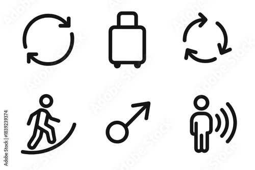 Mobility Icon Array. Mobility linear set: movement loop, portable icon, direction sweep, easy-step curve, shifting point, mobility beam.
