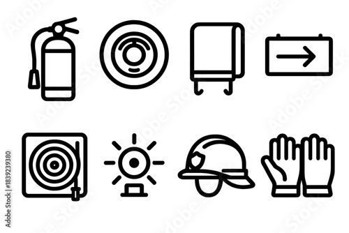 Fire Safety Essentials. Emergency Fire Gear linear set: portable extinguisher, smoke-sensing alarm, fireproof blanket, exit sign board, reel hose tile, heat sensor module, helmet