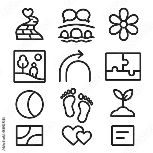 Reconciliation Icons. Reconciliation Journey Themes linear set: healing path tile, dialogue bridge node, empathy bloom dot, acknowledgment marker, restorative circle ring, shared
