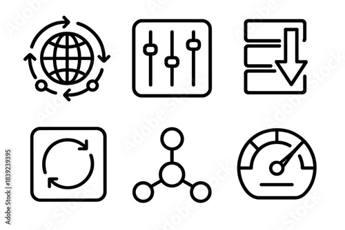 Resource Management Icons. Adaptive Management Frameworks linear set: dynamic resource map, control panel icon, allocation arrow, feedback loop tile, tracking node, optimization
