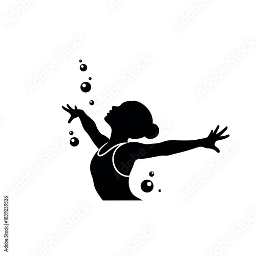 Silhouette of a woman with arms outstretched and bubbles rising symbolizing freedom and lightness.