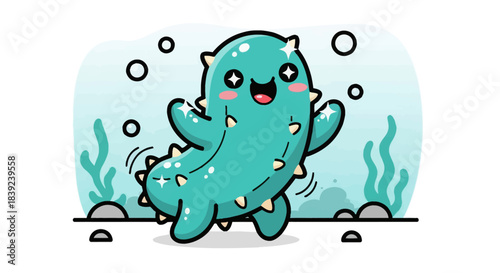 Cute cartoon sea creature with spikes and a happy expression, smiling and waving.