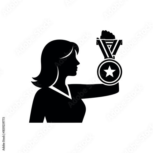 Woman holding a medal representing achievement and success.