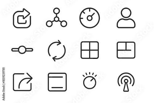 Generative Systems Icons. Generative Adaptation Systems linear set: adaptive style token, context integration node, responsive tone dial, rule-based output gate, semantic pivot bar