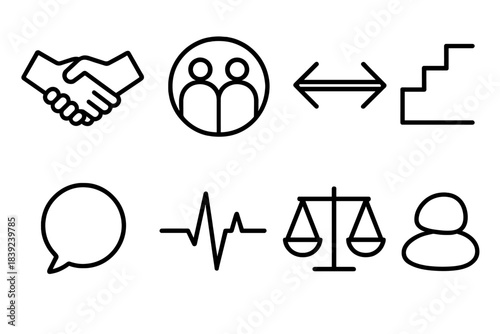 Collaborative Stability Icons. Collaborative Stability Symbols linear set: neutral handshake, supportive circle, mediated arrow, unified steps, clarity bubble, steady pulse line,