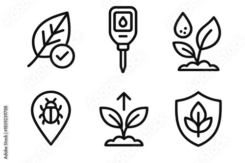 Plant Health Icons. Plant Health Monitoring linear set: leaf check, moisture meter, nutrient droplet, pest marker, growth arrow, wellness badge.