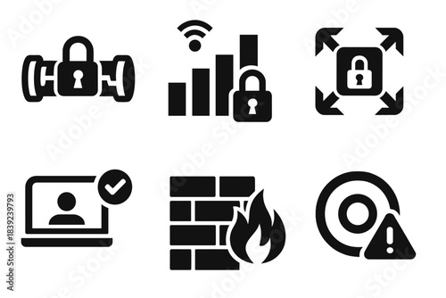 Bold Industrial Security Icons. Secure Industrial Data Flows silhouette set: encrypted pipeline icon, protected sensor stream, secure gateway node, authenticated device link,