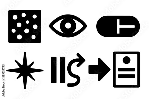 Brutalist Focus Icons. Focus Enhancement Tools Set silhouette set: noise filter, concentrated gaze icon, task capsule, structured timeline, clarity spark, pause-and-plan symbol,