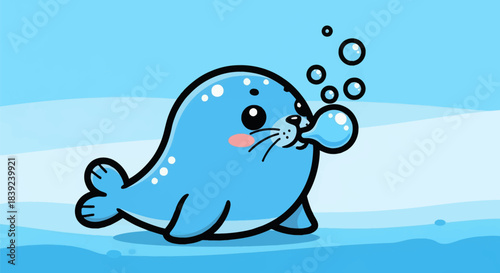 Adorable cartoon seal blowing bubbles in a playful underwater scene.