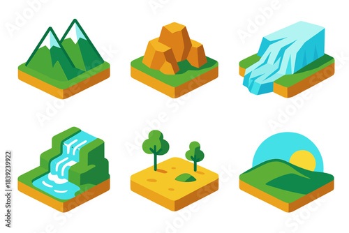 Isometric Landscape Icons. Elevated Landscapes isometric flat set: twin peaks, rocky outcrop, glacier tongue, cascading stream, sparse vegetation, horizon crest.