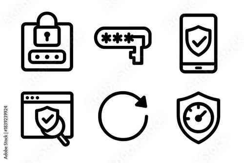 Cybersecurity Icons Display. Cyber Hygiene linear set: secure login pad, password key icon, shielded device, safe browsing window, update arrow, protection gauge.