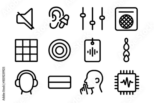 Sound-Soothing Icons. Sound-Soothing Tools linear set: gentle mute icon, ear-comfort plug, balanced-tone slider, subtle hum generator, acoustic wall tile, calm-sound ripple, quiet