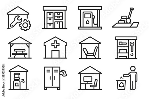 Infrastructure Icons Set. Site Support Infrastructure linear set: repair area, stockroom, refuel bay, cleaning ramp, meal shelter, safety clinic, rest booth, tool shelf, water