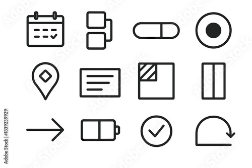 Balanced Life Icons. Balanced Life Planning linear set: schedule cue tile, workload node, effort bar, focus ring, rest dot, priority patch, alignment stripe, boundary panel,