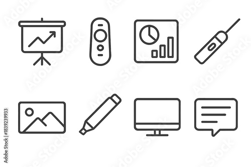 Meeting Tools Icons. Meeting presentation essentials linear set: presentation board, remote clicker, chart tile, laser guide, slide preview, marker pen, display monitor, cue card.