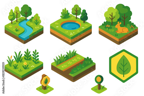 3D Ecological Icon Set. Restoration-focused terrains flat isometric set: riparian meadow, water recharge pit, habitat lane tile, wildlife safe zone, native plant row, soil