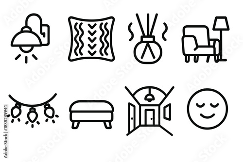 Cozy Home Essentials Icons. Home Warmth Essentials Set linear set: warm wall light, textured pillow, aromatic diffuser, reading nook, glow string lights, comfy footrest, quiet
