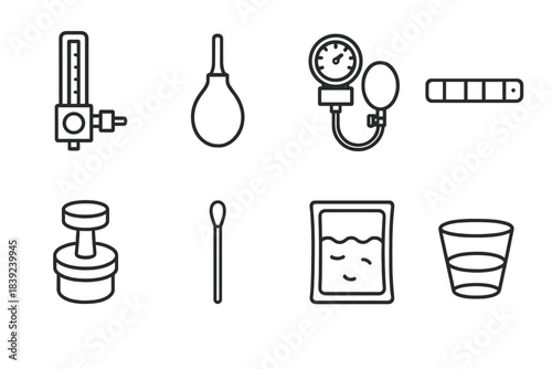 Medical Equipment Icons. Patient care devices set linear set: oxygen flow meter, suction bulb, blood pressure gauge, thermometer strip, pill crusher, exam swab, reusable cold pack,