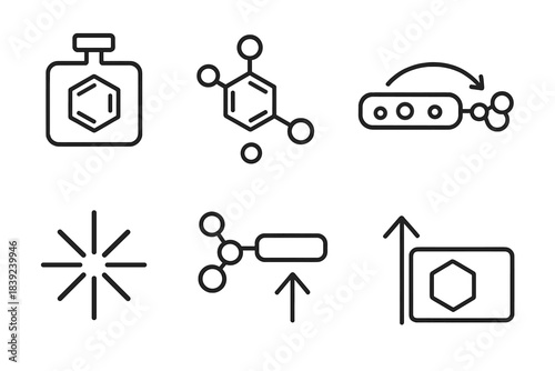 Molecular Synthesis Icons. Integrated molecular synthesis linear set: reaction chamber tile, catalyst node, reagent flow bar, assembly arc, energy pulse icon, product strip,