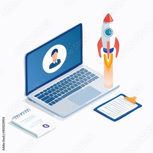 Isometric vector illustration of digital employee onboarding kit with laptop and id badge showing remote new hire welcome concept on white background