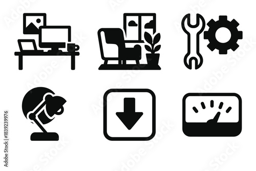 Bold Work Icons. Effortless Work Environment silhouette set: balanced desk setup, calm corner icon, simplified tool zone, focus-friendly light, priority cue tile, output meter.