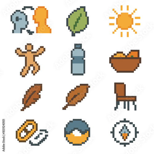 Holistic Health Icons. Holistic Health Foundations pixel style set: body-mind connection loop, immune support leaf, hydration bottle, sunlight exposure rays, joyful movement icon,
