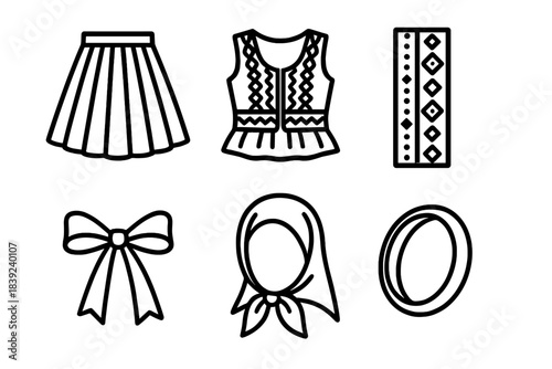 Traditional Folk Outfit. Folk Dress Details linear set: pleated skirt, woven vest, beadwork strip, ribbon tie, modest head covering, metal bangle.