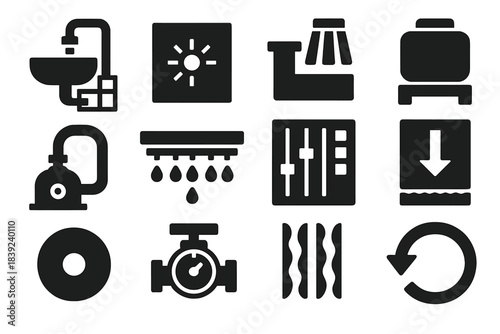 Greywater Icon Set. Greywater Reuse Systems silhouette set: sink outlet tile, shower drain node, filtration bar, storage tank ring, pump patch, irrigation stripe, treatment panel,